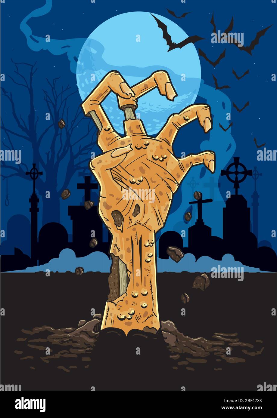 Illustration of zombie hand in a cemetary at night pushing up out of the ground in front of gravestones under the moonlight. Stock Vector