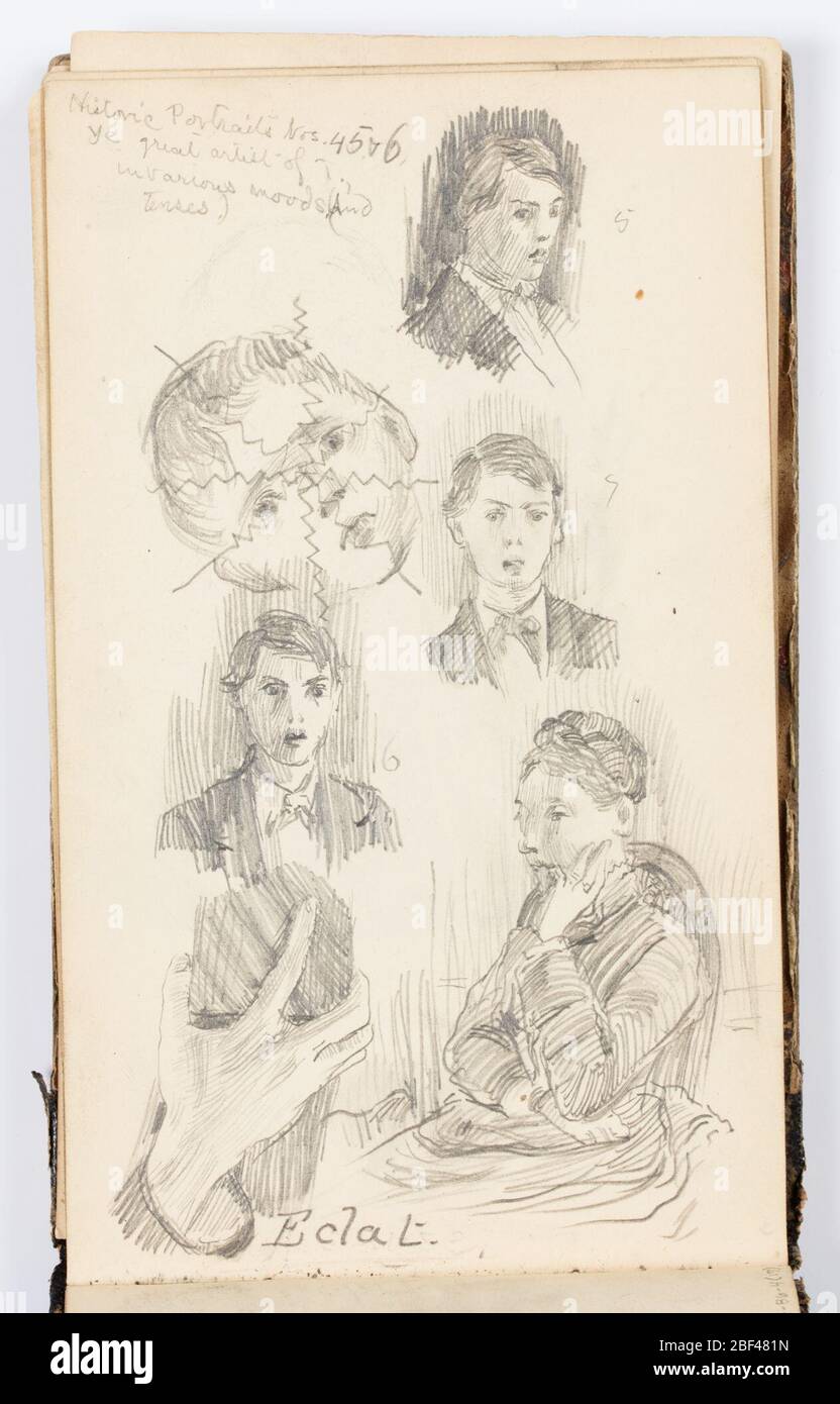 Sketchbook Page Historic Portraits Nos 4 5 6 SelfPortraits. Slef-portraits of the artists in various moods. Stock Photo