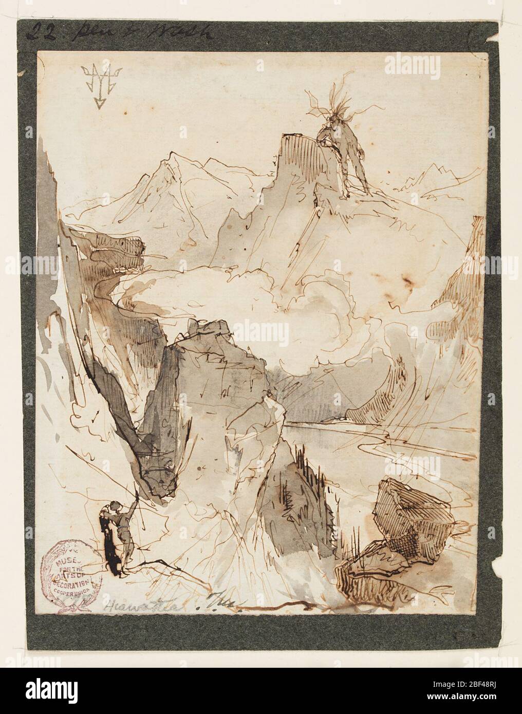 Hiawatha sees Mudjekeewis. Vertical view with summits of Rockies separated by a lake and clouds bridging the gap. Hiawatha, leaning on a rock in left foreground, raises his right arm in greeting. Mudjekeewis stands upon a summit in the back. Stock Photo