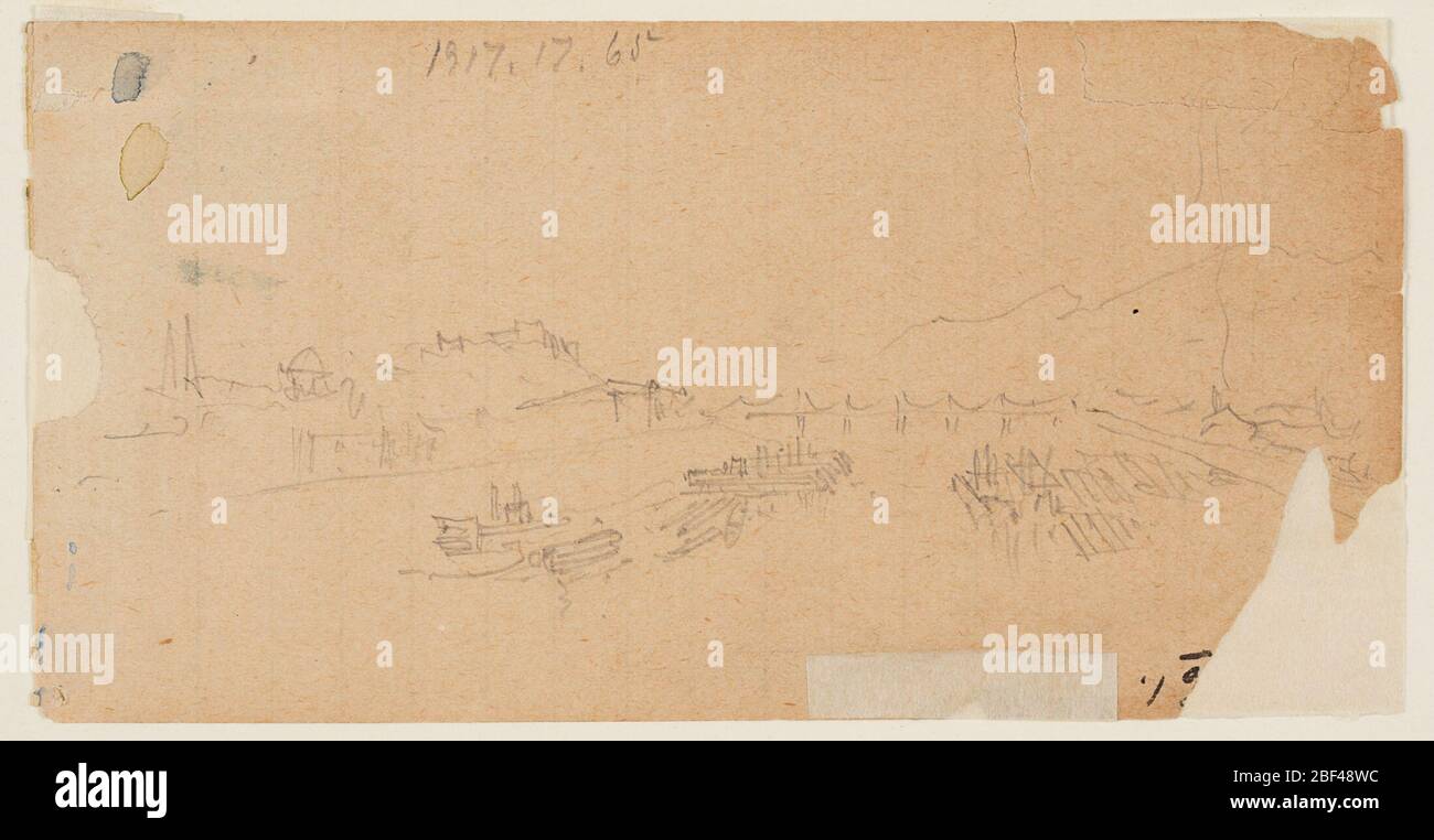 The Tetons Shown from the Plain. Recto: Horizontal view of Teton range seen from the plain.Verso in opposite direction: Moutainous country with a bridge crossing the river in the backgournd and a town lying on left bank. Stock Photo