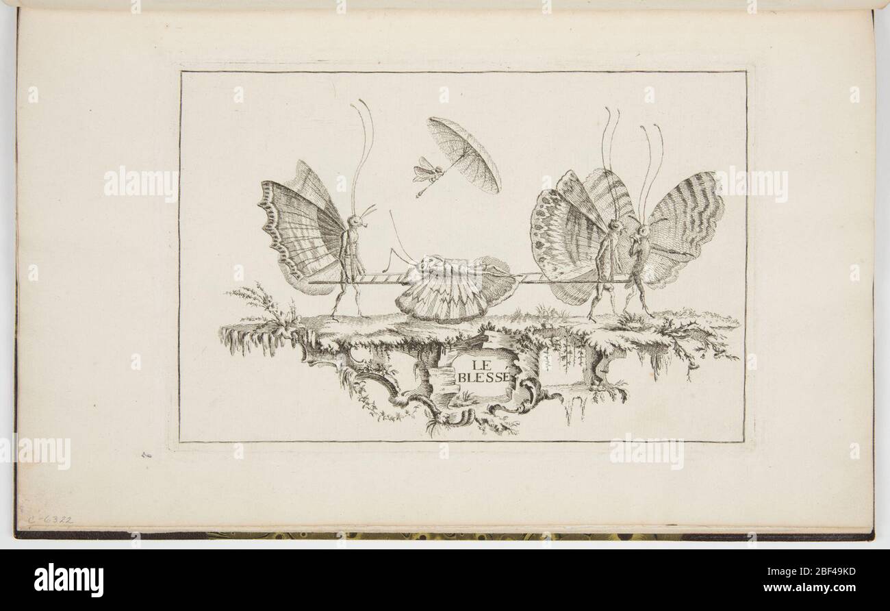 Plate 1 Le Bless The Injured Premier Essai de Papilloneries Humaines First Attempt of Human Butterflies. An injured butterfly is shown lying in the middle of a stretcher carried by two butterflies (one on the left and one right). Another butterfly walks beside the butterfly carrying the stretcher on the right. Stock Photo