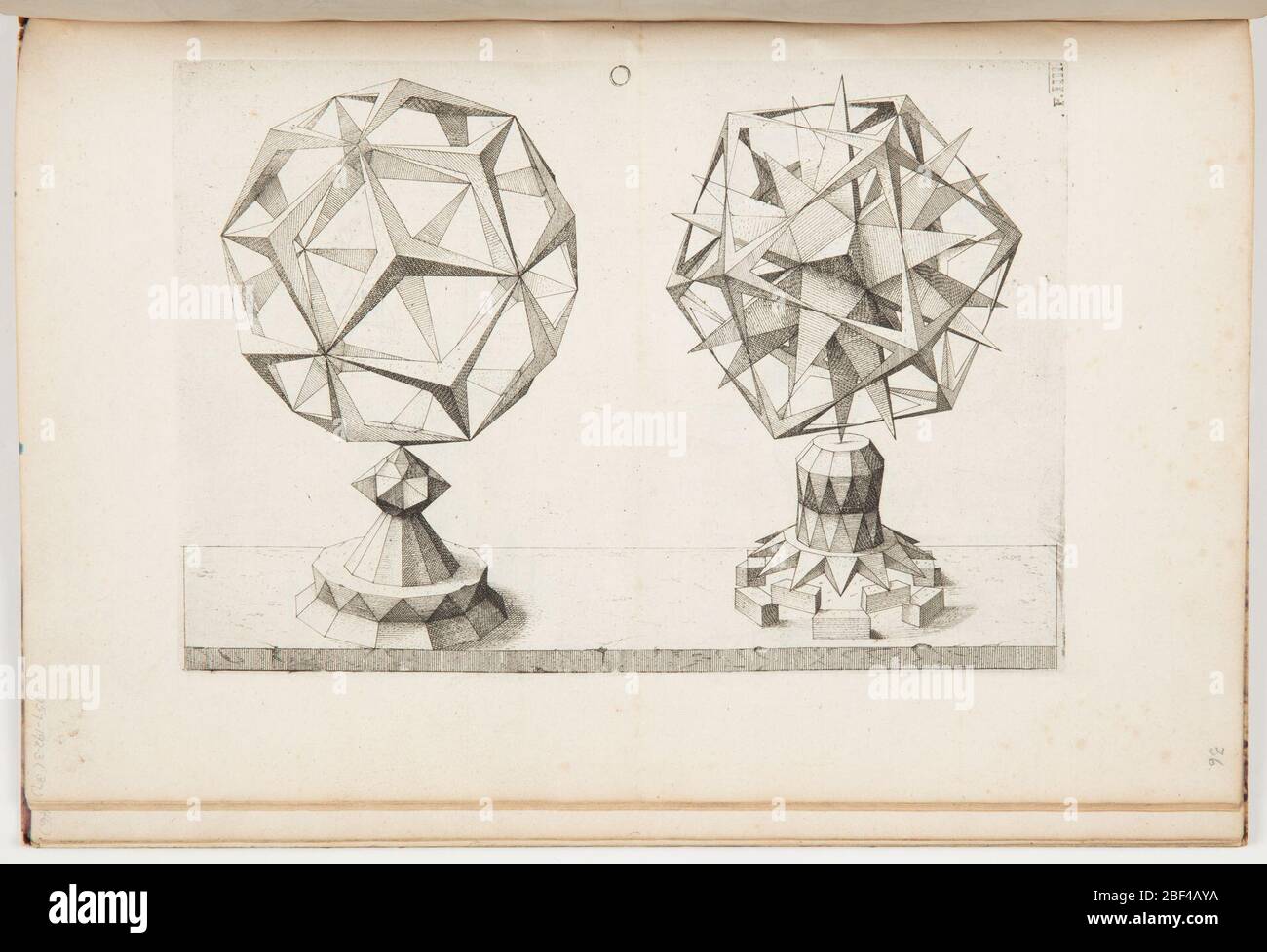 Plate O FIIII Rhombentrikontaeder und Ikosaeder Rhombic Triacontrahedron and Icosahedron Perspectiva Corporum Regularium Perspective of the Regular Bodies. Plate from Jamnitzer's compendium of perspectival geometry, Perspectiva Corporum Regularium (Perspective of the Regular Bodies) showing two polyhedral variants. The book is based on the five Platonic solids or 'regular bodies.' Stock Photo