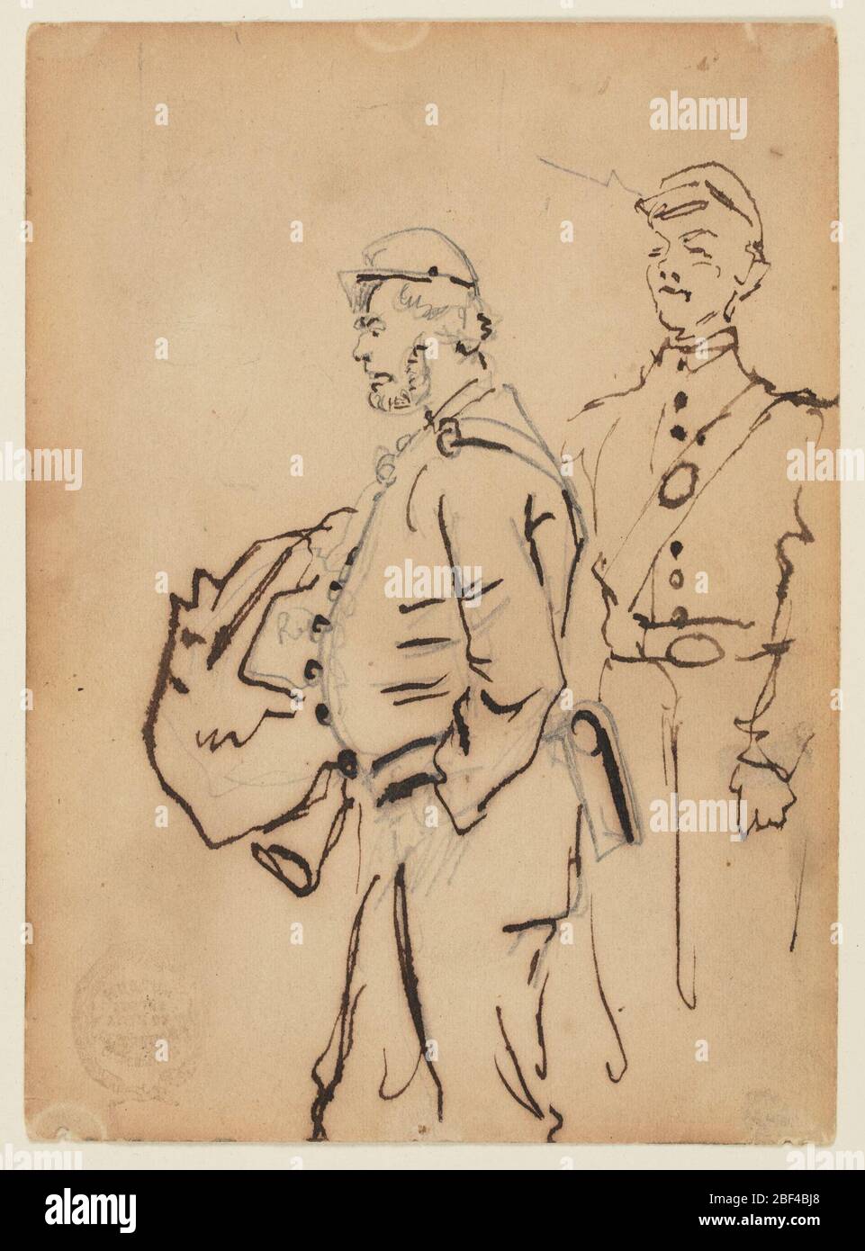 Sketches of Soldiers. Recto: Vertical view of two soldiers, shown in three-quarter length, with color notations.Verso: Slight sketches in graphite, including one of soldier resting on a rifle with fixed bayonet. Stock Photo
