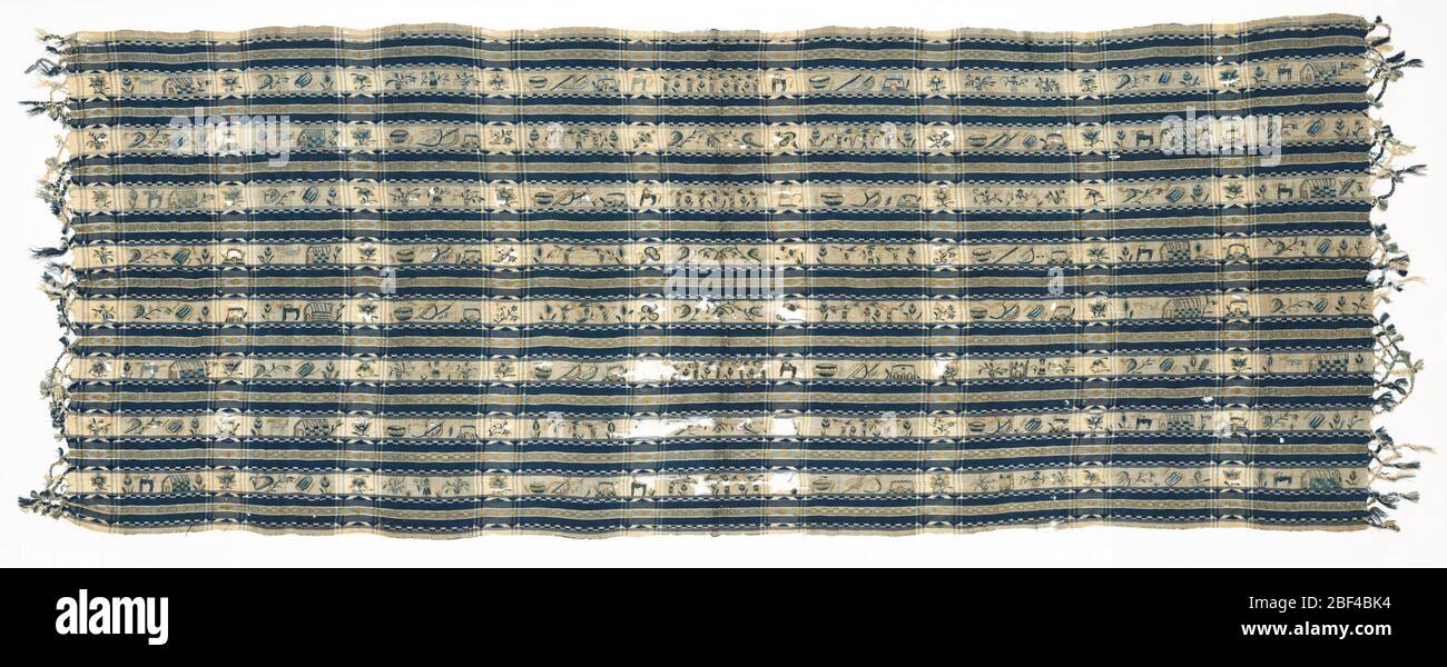 Rebozo. Rebozo woven in dark blue, light blue and white stripes. Supplementary warp patterning in simple geometric designs in dark blue and gold thread. Embroidered with dark and light blue silks and gold thread with figures, buildings and animals. Stock Photo