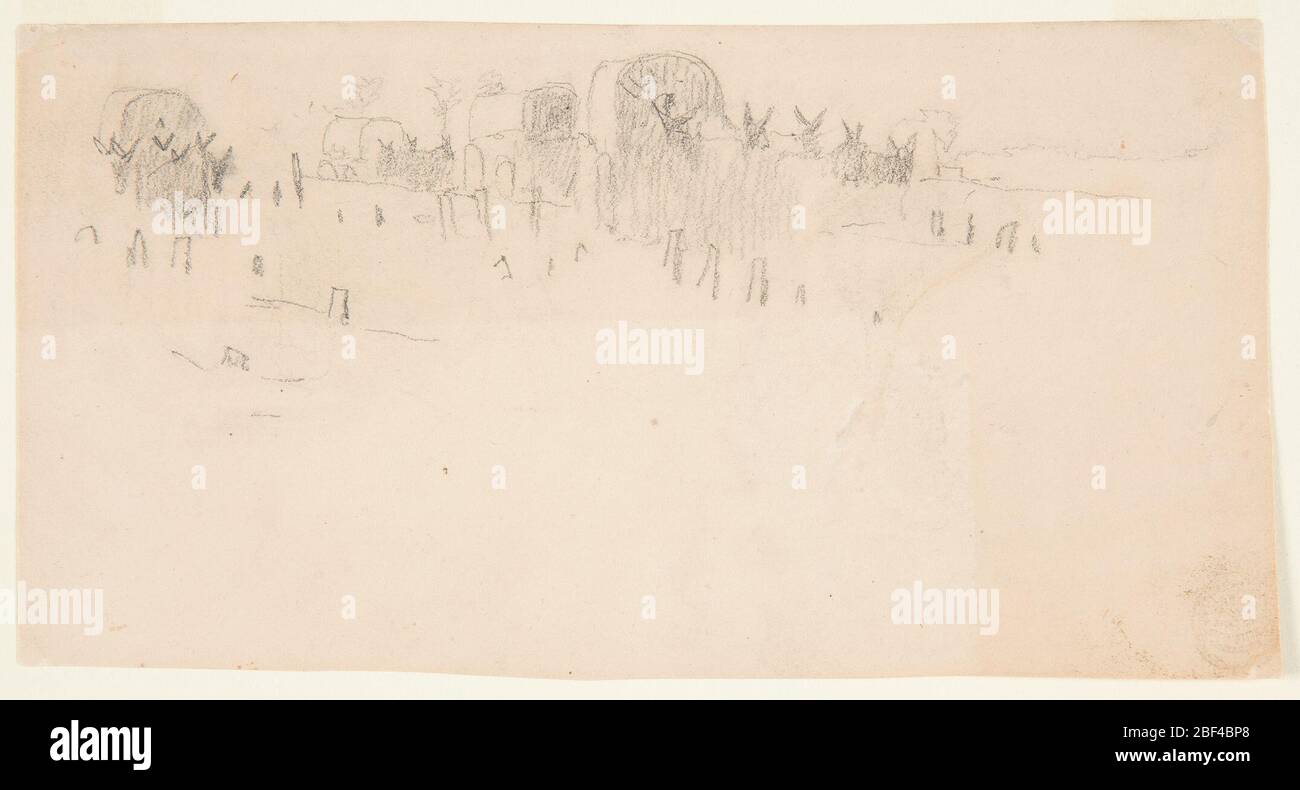 Army Wagon Train. Recto: Horizontal view of a train of army wagons drawn by mules.Verso: Lower portion of two women wearing crinolines. Stock Photo