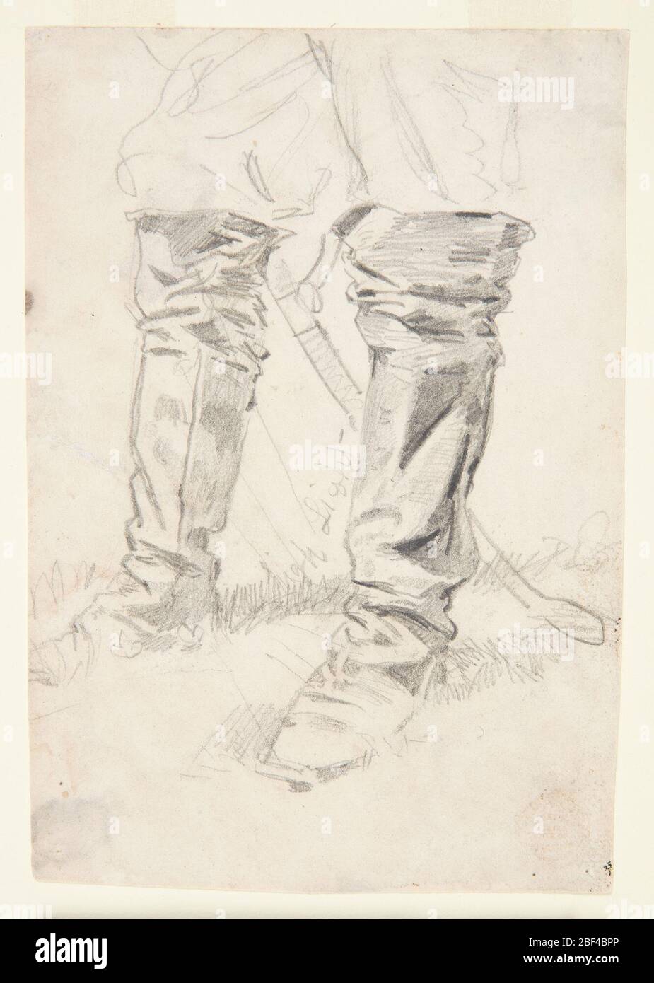 Study of Cavalry Officers Boots. Recto: Vertical view of the lower legs of man wearing knee-high boots and standing in grass; a sheathed sword hangs behind his legs; verso: foreshortened view of a man, with closed eyes, wearing a hat and lying on ground. Stock Photo