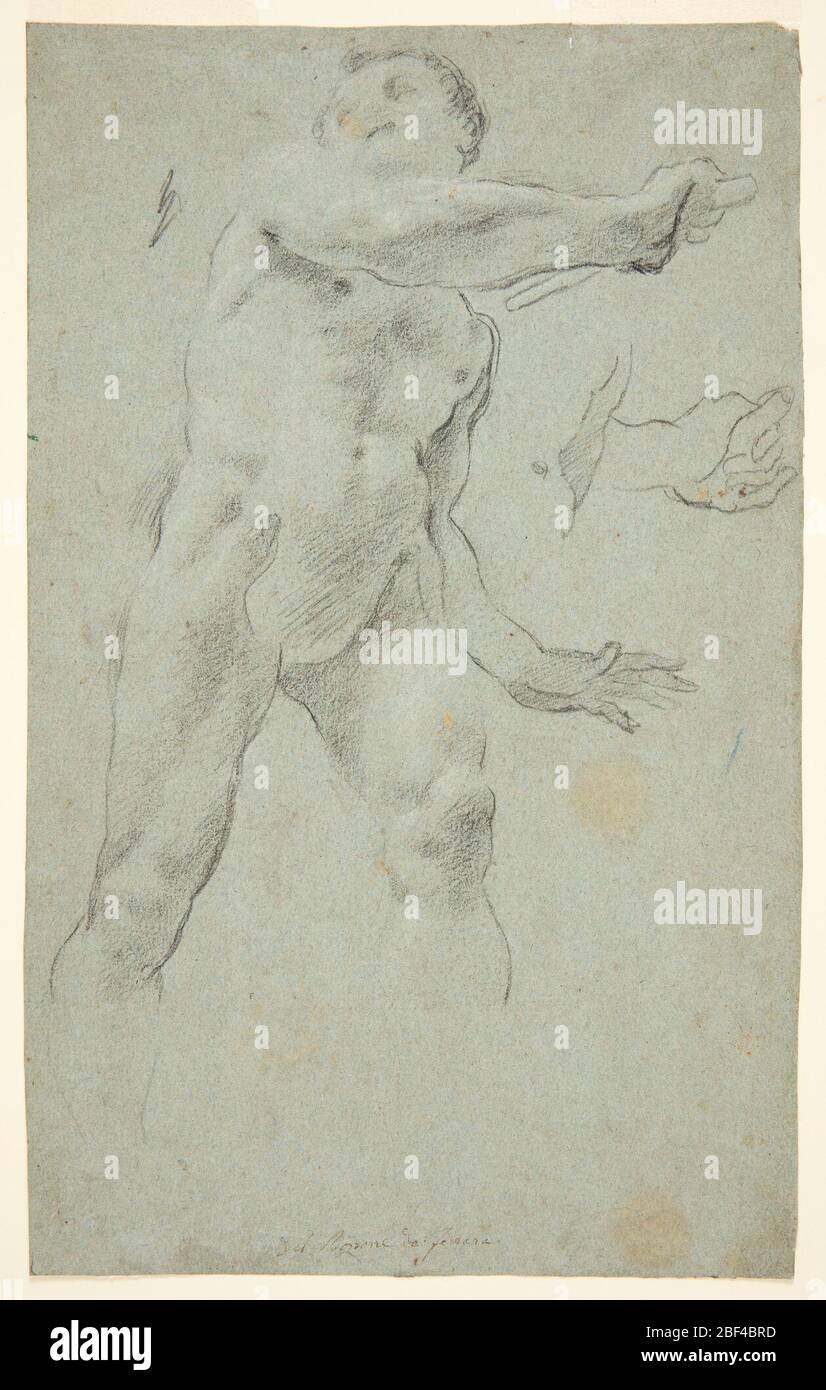 Male Nude. Recto: standing male nude, shown frontally, with his right arm half raised. He appears to be holding an object. A sketch of a hand appears to his right. Verso: sketch of a male nude torso seen from the back. Stock Photo