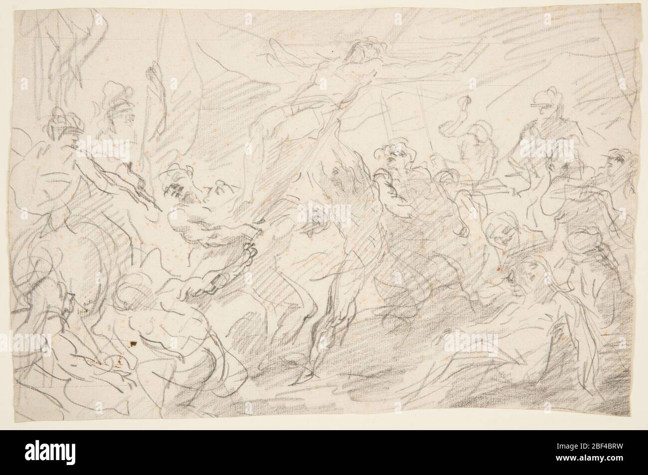 Study for the Elevation of the Cross. Loosely worked group of figures depicting the elevation of Jesus, at center, on the cross. Virgin Mary seated at right. Semi-nude figure of a man at center supports the cross from beneath. Stock Photo