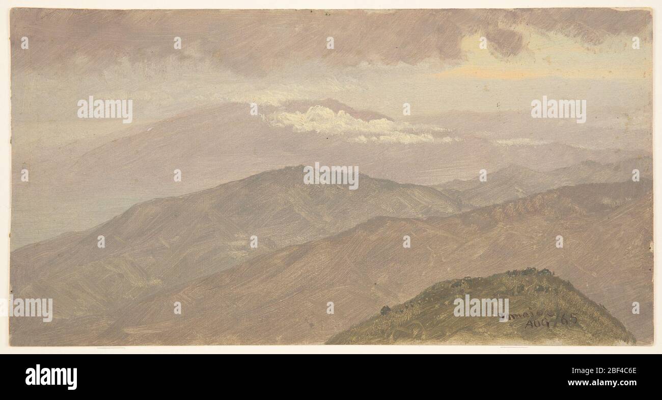 Landscape. Horizontal view of a high mountain range in the background across a mountain top and two ranges in the middle plane. Place and dates are written with the usual abbrevations, bottom right. Stock Photo