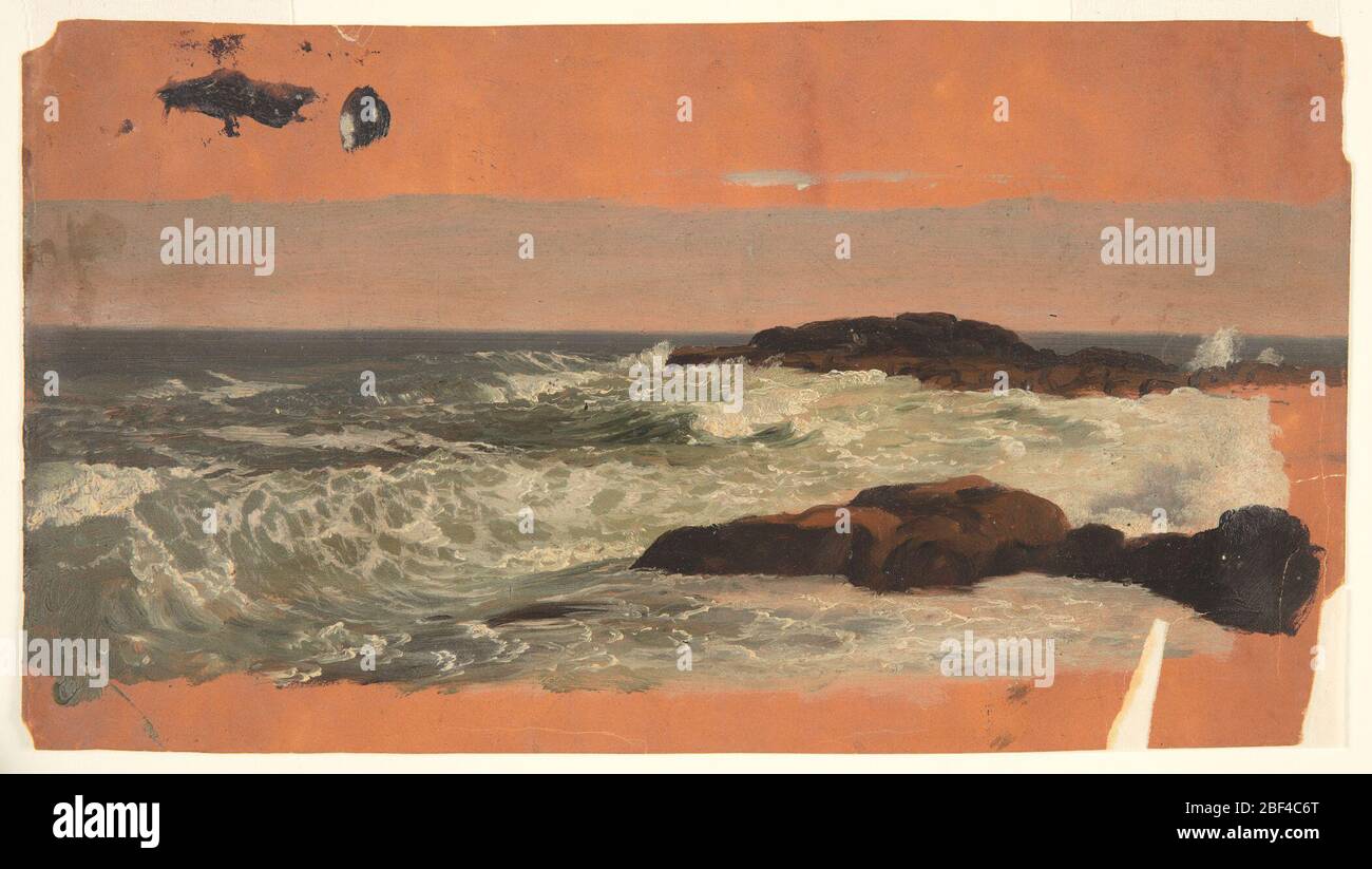 Maine Coast surf. Horizontal image of sea rolling towards the right, where two rocky tongues protrude. Top and bottom margins showing the dark orange grounding color. Stock Photo