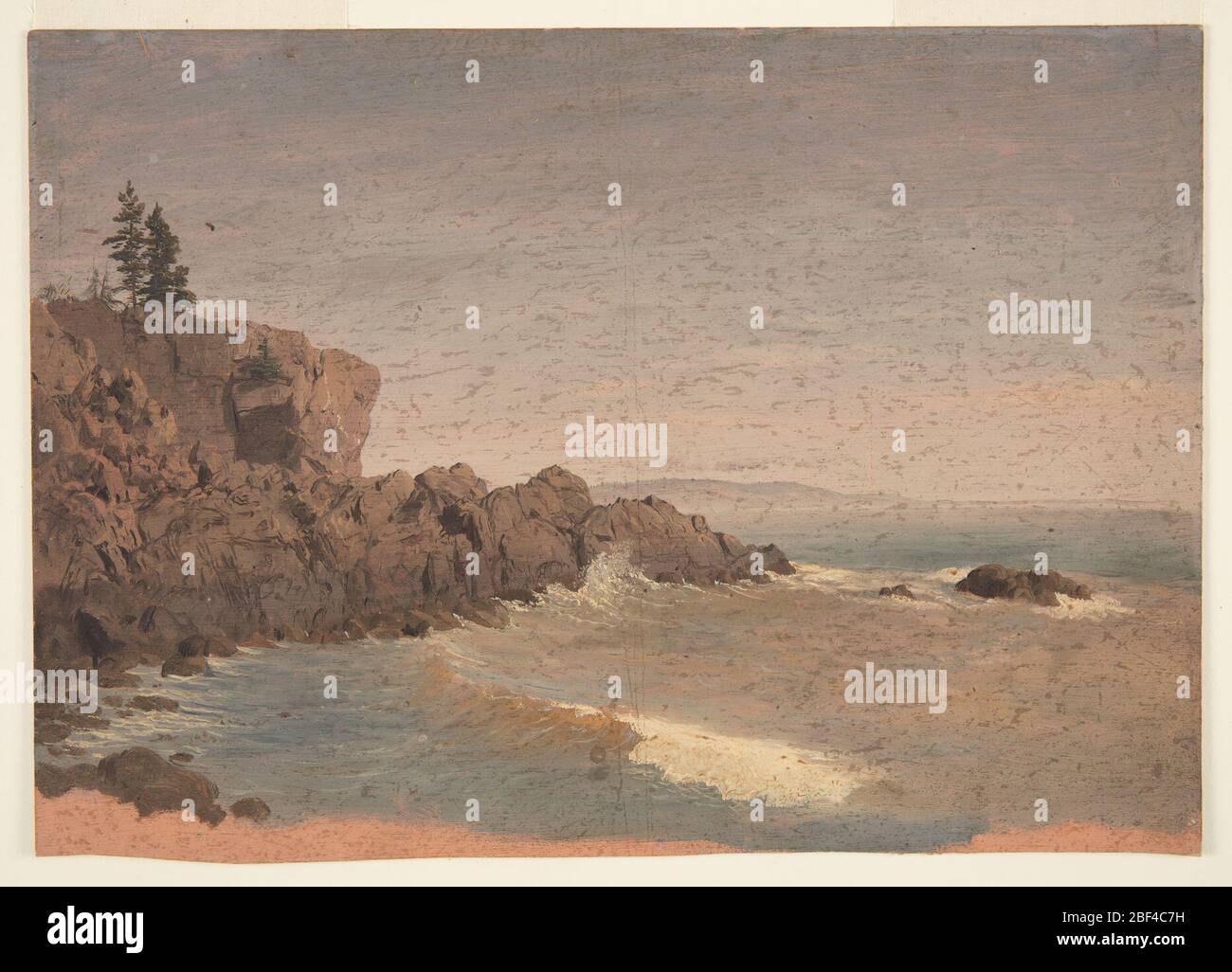 Grand Manan Island Canada. The coast protrudes in the left middle plane. A hilly coastline is shown in the right background. The dark orange ground color is shown at the bottom. Stock Photo