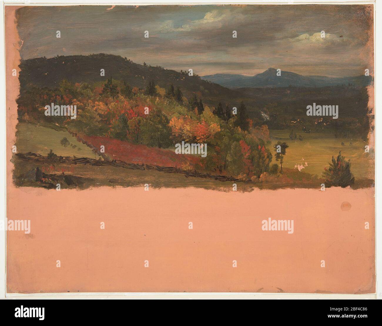 Maine or Stockbridge Mass view. View into a valley which is bordered by hills at left and in the middle plane. A mountain range is in the right background. Cloudy sky. Woods are shown especially in the left middle plane. Log fences. Stock Photo