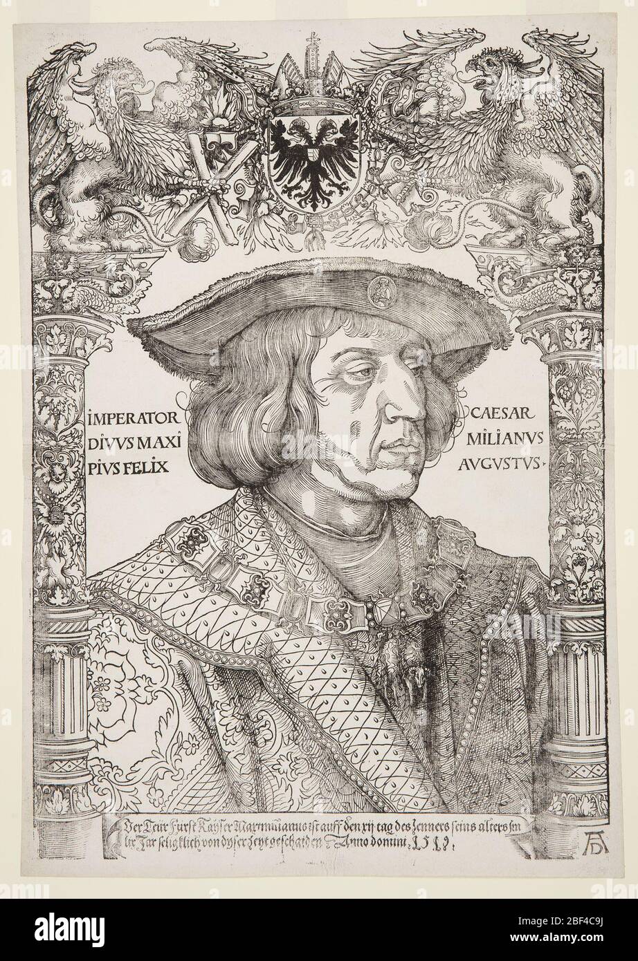 Portrait of Maximilian I. Portrait of Holy Roman Emperor Maximilian I with an ornamental border by Hans Weiditz. Stock Photo