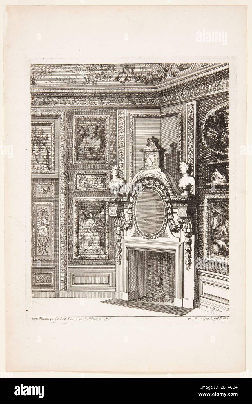 Corner Chimneypiece published in Nouvelles Chiminees Faitte en Plusier en Droits de la Hollande et Autres Provinces du Dessin de D Marot. Design for a mantlepiece in the corner of a room. The mantlepiece is ornate with a large cartouche and busts on either side. Along the walls are framed paintings. Stock Photo