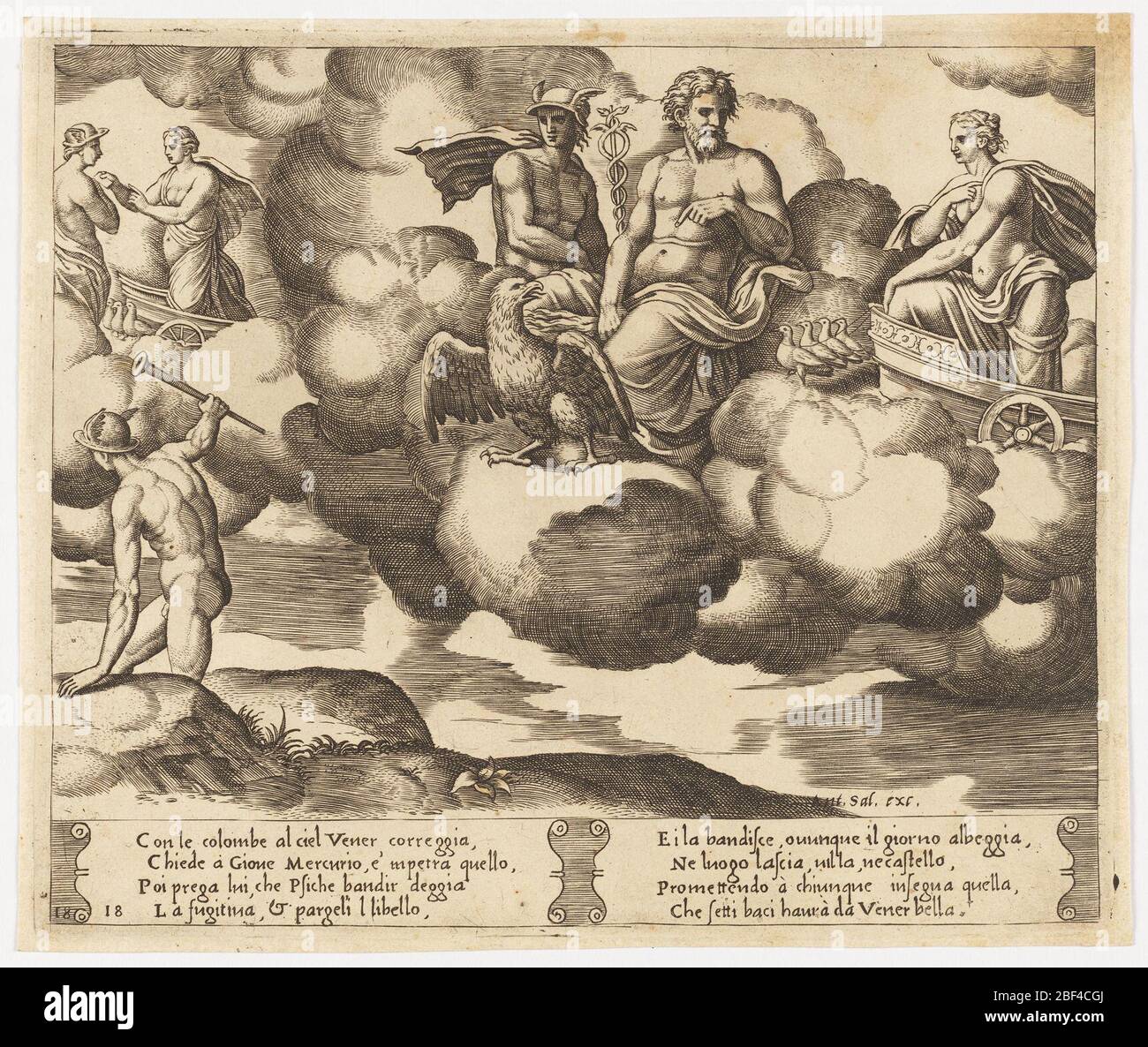 Venus Complains to Jupiter. Among clouds, Jupiter sits at center, with an eagle before him, Hermes at left with winged helmet and staff. Venus arrives from right on a chariot, preceded by doves. Behind them, to the left, Venus converses with Hermes. Stock Photo