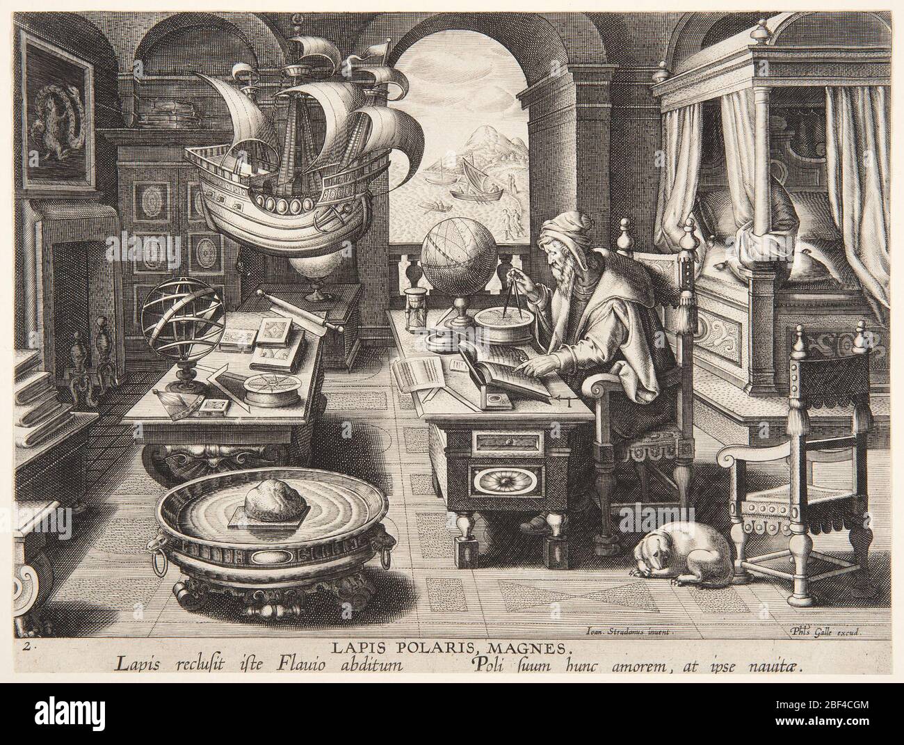 Lapis Polaris Magnes Invention of the Compass plate 2 of the Nova Reperta New Inventions for Modern Times. An old man, identified as the legendary Flavio Amalfitano, seated at his desk using a compass and reading a book; tools, books, and instruments are arranged around the richly furnished room; a dog is at his feet. Stock Photo