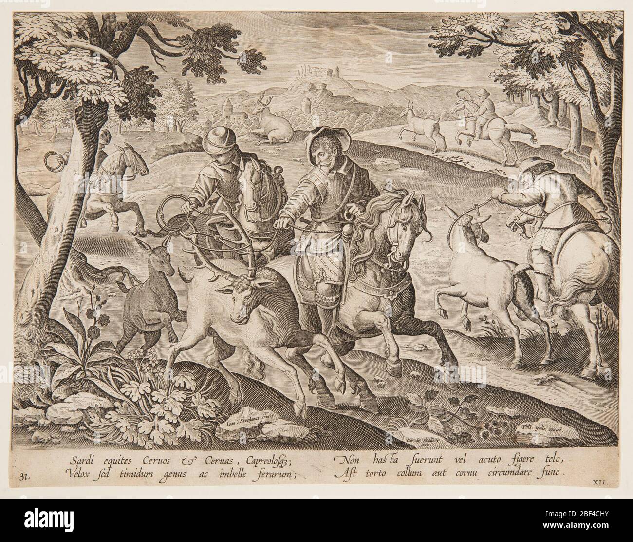 Trapping deer. Horizontal rectangle. Hunters on horseback lasso deer in foreground; on stone, near left center: 'Ioan. Stradanus invent.'; at lower right: 'Car. de Mallery Sculp. Phls Galle excud.' Stock Photo