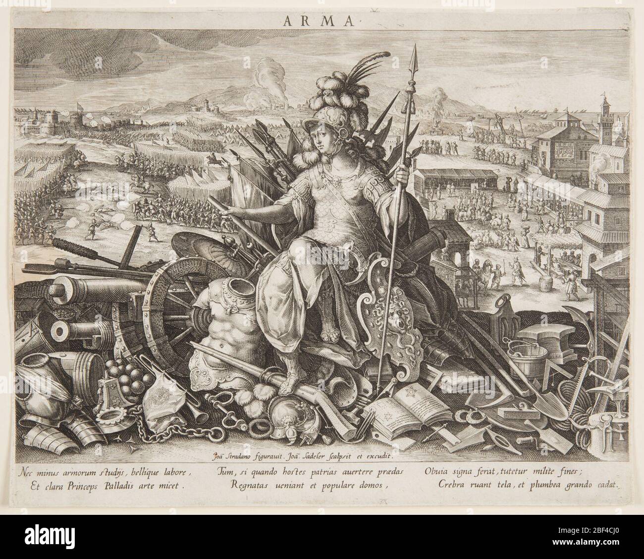 Minerva or Arma Allegory of the Art of War pl 2 in the Schema seu Speculum Principum Skills of a Prince series. In the foreground, the goddess Minerva, or Pallas Athena, clad in armour with the Medusa shield, is seated on a heap of objects associated with war, including a cannon, and a military treatise and instruments such as a drum and trumpets; to left, two armies en Stock Photo