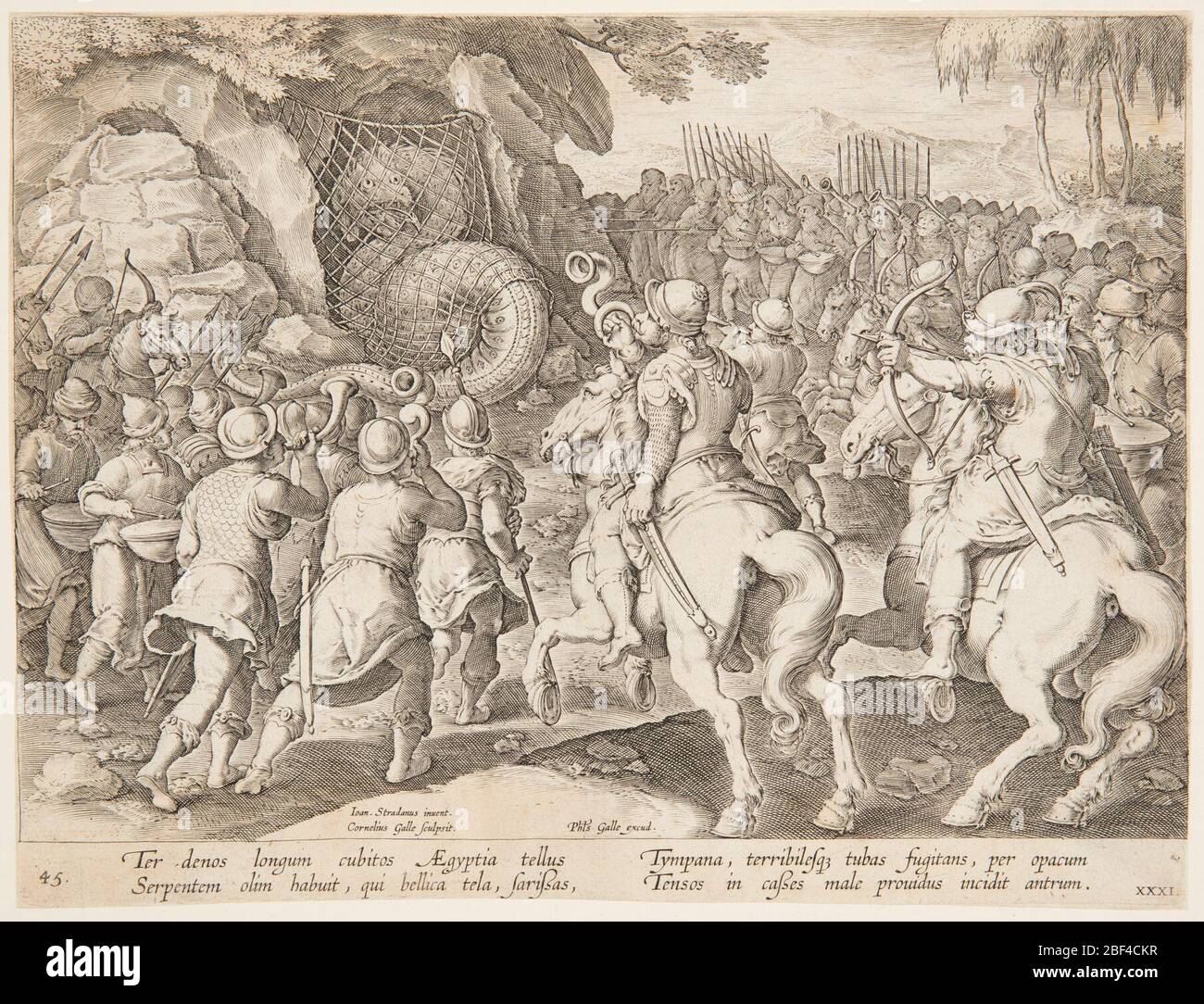Trapping the serpent. Horizontal rectangle. A large serpent is trapped at the entrance of a cave, a net blocking the entrance. Foot-soldiers and cavalrymen, blowing trumpets and beating drums, surround the cave. Near left center: 'IOAN. STRADANUS INVENT. Stock Photo