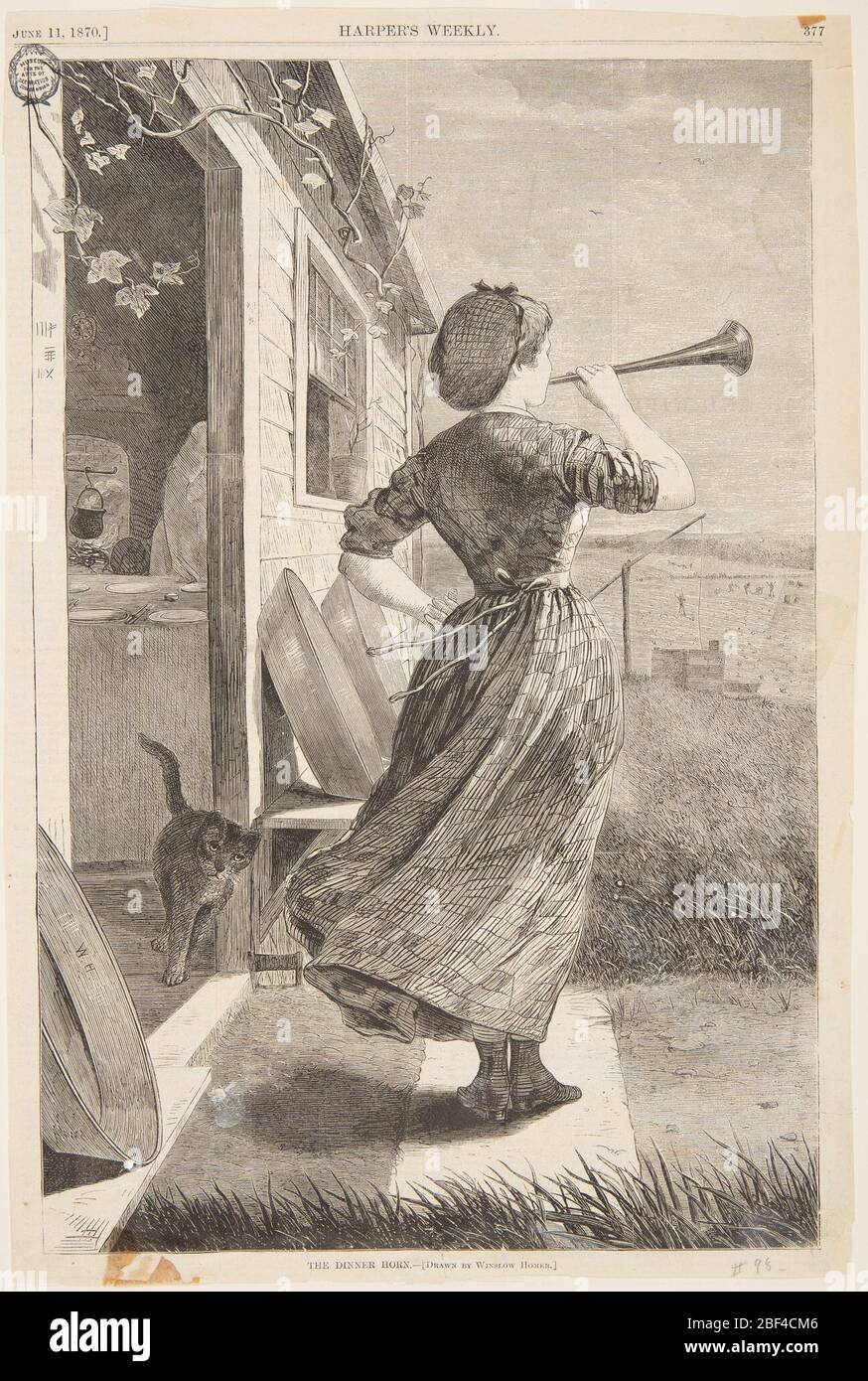 The Dinner Horn. Vertical view at left of the corner of a house with an open door showing portion of interior where a table is laid for a meal, at center of a woman with her back turned blowing trumpet, and in the distance beyond a well with sweep and a field with workers. Stock Photo