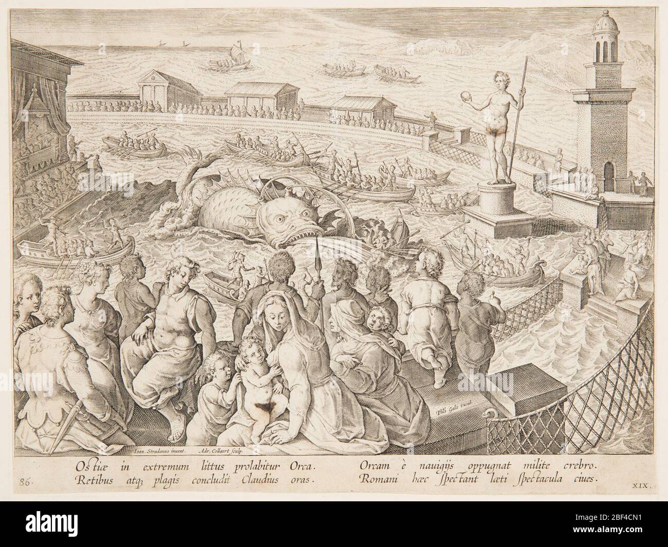 Whale Hunt by the Emperor Claudius in the harbour at Ostia pl 19 in the Venationes Ferarum Avium Piscium series. Figural seascape scene, with groups in the foreground observing an orca sea monster trapped within a walled area. A statue and a tower at right. Open boats filled with men surround the monster, while spectators watch from the wall. Stock Photo