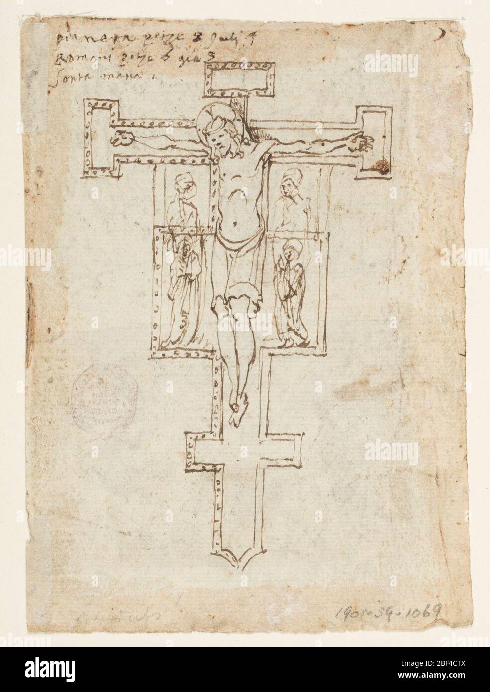 Recto Medieval Crucifix Verso Baptism of Christ from the Life of St John the Baptist left Assumption of the Virgin right. Vertical rectangle. Verso: Crucifix in the Romanesque scheme shoes a projected elongation of the arms with the figures of the Virgin and St. John up to the very cross-arms and an interchange of the places of the two figures. Stock Photo