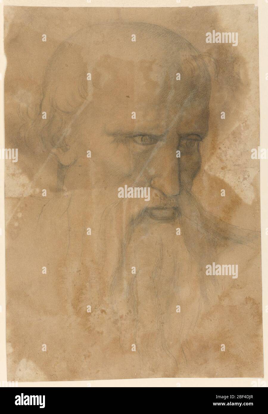 Head of an Elderly Bearded Man. Head of an elderly bearded man with long wavy hair. His head is turned slightly to the left, and his gaze is directed downward. His portrait is on octagonal-shaped paper. Stock Photo