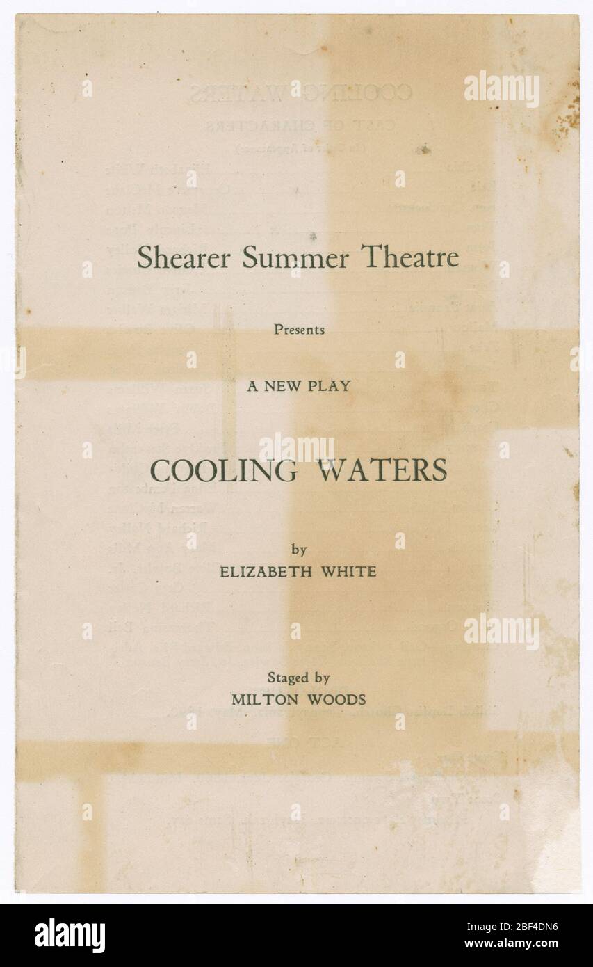 Program for Shearer Summer Theatres production of Cooling Waters. A program for the play 'Cooling Waters' by Liz White as staged by Milton Woods at the Shearer Summer Theatre. The program consists of white printed text on white paper. Stock Photo