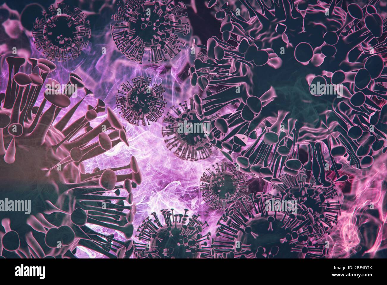 3D rendering. Covid 2019 virus concept in black with lots of pink smoke on a dark sinister background.  Pandemic medical Coronavirus concept . Microsc Stock Photo