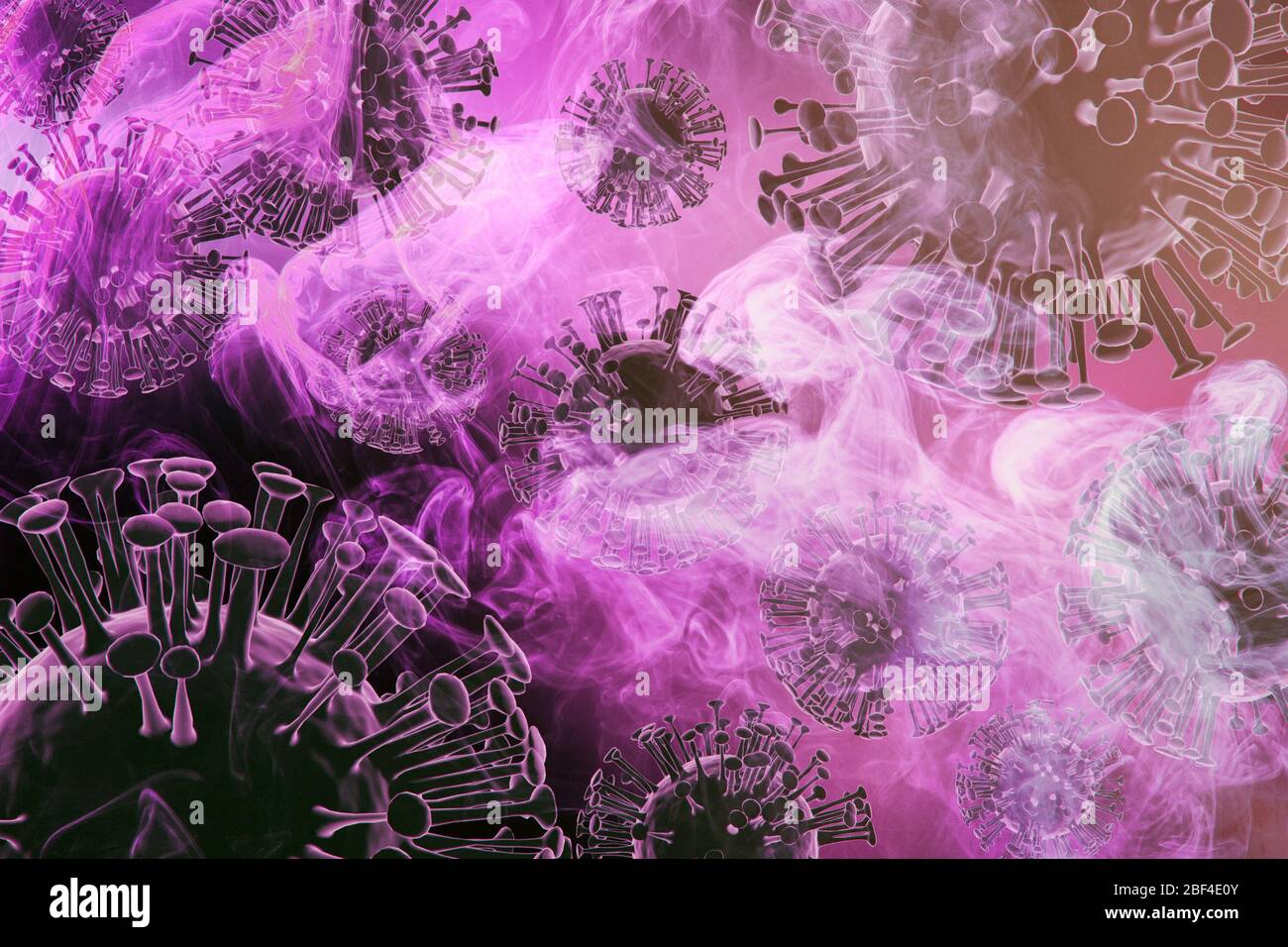 3D rendering. Covid 2019 virus concept in black with lots of pink smoke on a dark sinister background.  Pandemic medical Coronavirus concept . Microsc Stock Photo