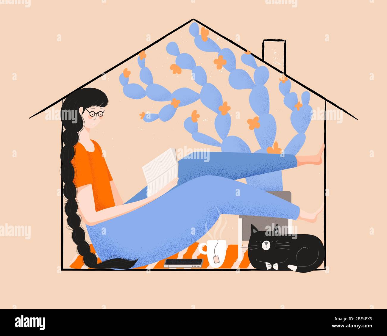 Vector illustration of girl with long braided hair reading at home with cat and hot tea. Social distancing concept. Self improvement and mental health Stock Vector