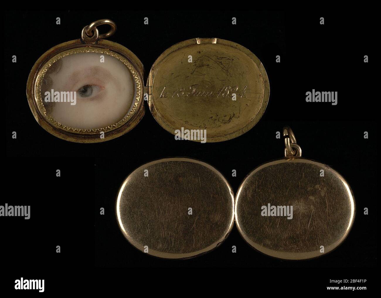 Eye of a Lady. Small paintings of eyes first became popular during the late eighteenth century. They reminded wearers of a loved one, whose identity remained a secret. The single eye also symbolized the watchful gaze of a jealous partner, who feared that his or her lover might stray. Stock Photo