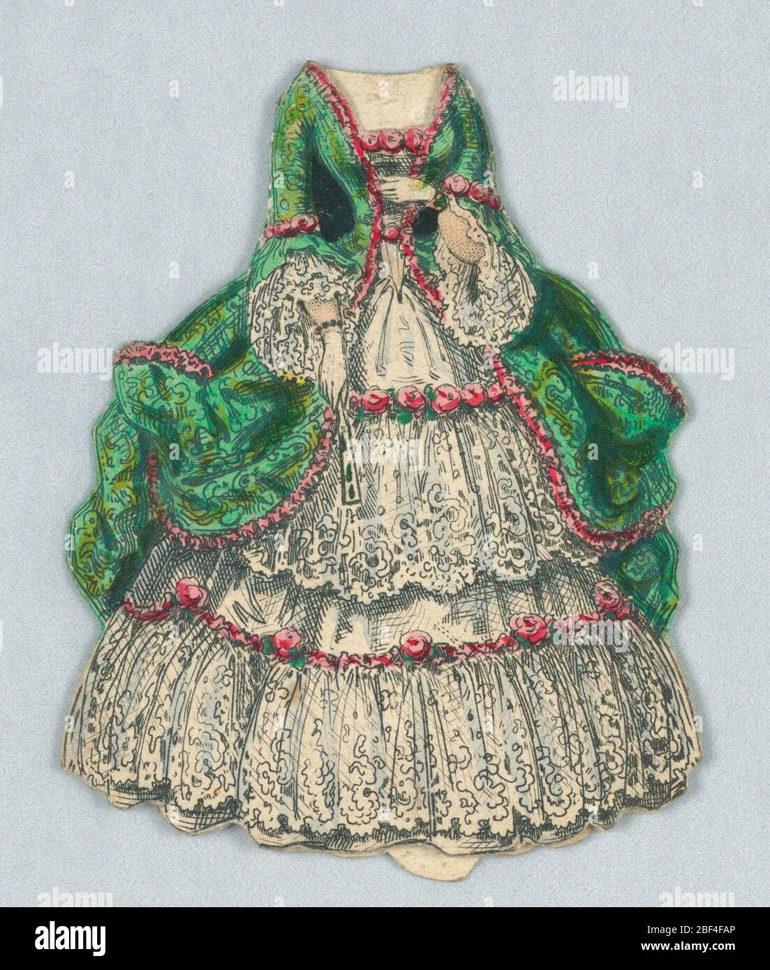 Paper Doll and Costume in Emerald Green and Pink Roses. The outer layer of  this gown is emerald green, and is lined with pink roses. White lace peeks  out from the sleeves