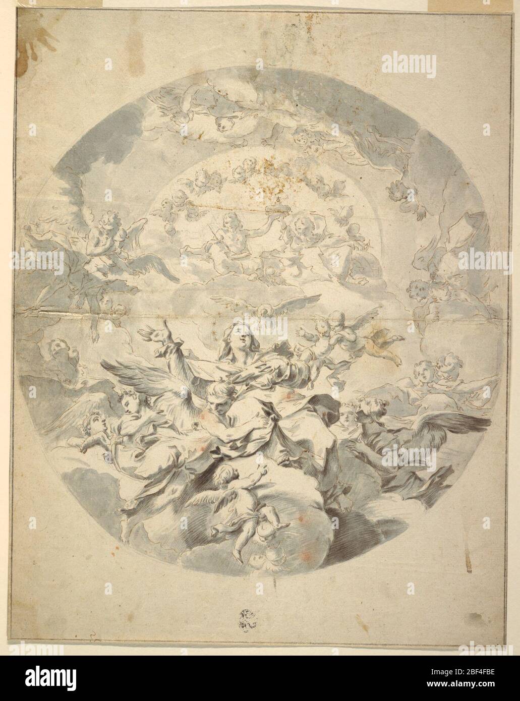 Ascension of the Virgin. Vertical rectangle, design for a circular ceiling painting. At the bottom is a group of angels lifting the Virgin Mary to heaven. Christ and donor (?) or God the Father, raising a crown together, are shown in clouds above. Stock Photo