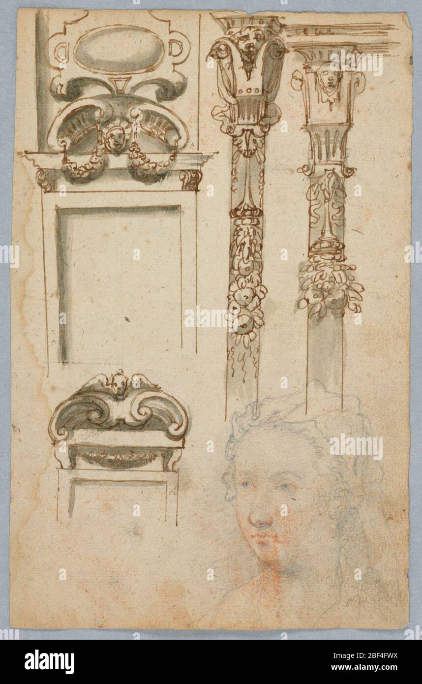 Decorative Motifs and the Head of a Woman. Vertical rectangle. On left, two overdoors. On the top frame sits an entablature with brackets, two cornices of a pediment with suspended festoons. A mask is in the center and an escutcheon is at the very top. Stock Photo