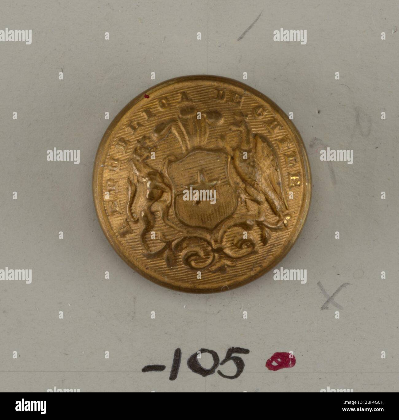 Button. Convex ornamented by shield showing star with horse and eagle supporters standing on scroll; plumes at top of shield. 'Republica de Chile' around edge of button. Brass back and shank. On reverse, 'Extra Fein'.On card D Stock Photo