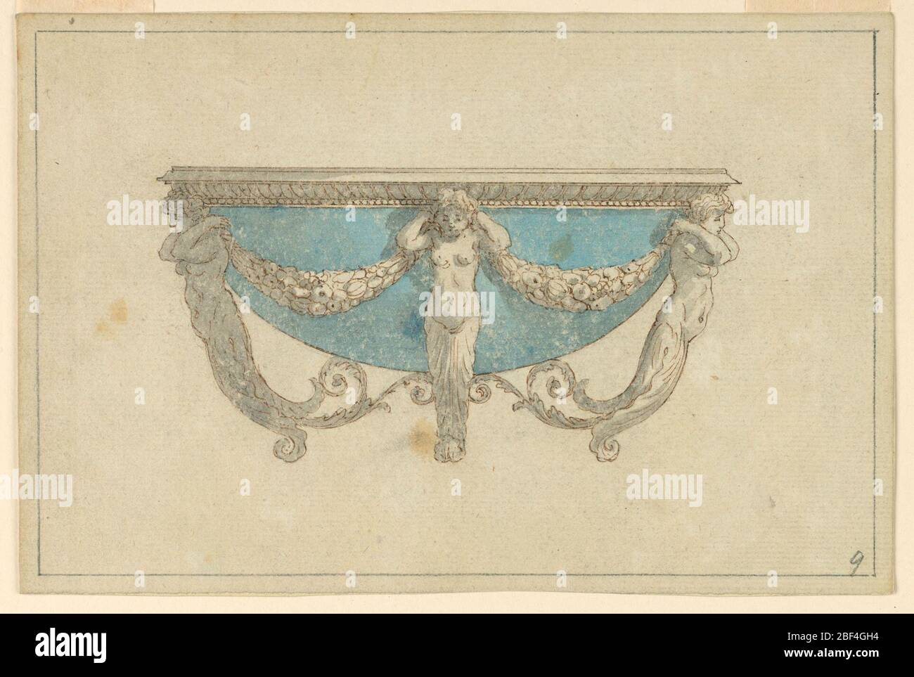 Design for a Bowl. Horizontal rectangle. Design for a bowl, supported by scrolls springing from four female half-figures (three are visible) which carry festoons in their raised and backwards-turned hands. The blue bowl has a metal rim in architectural form. Stock Photo