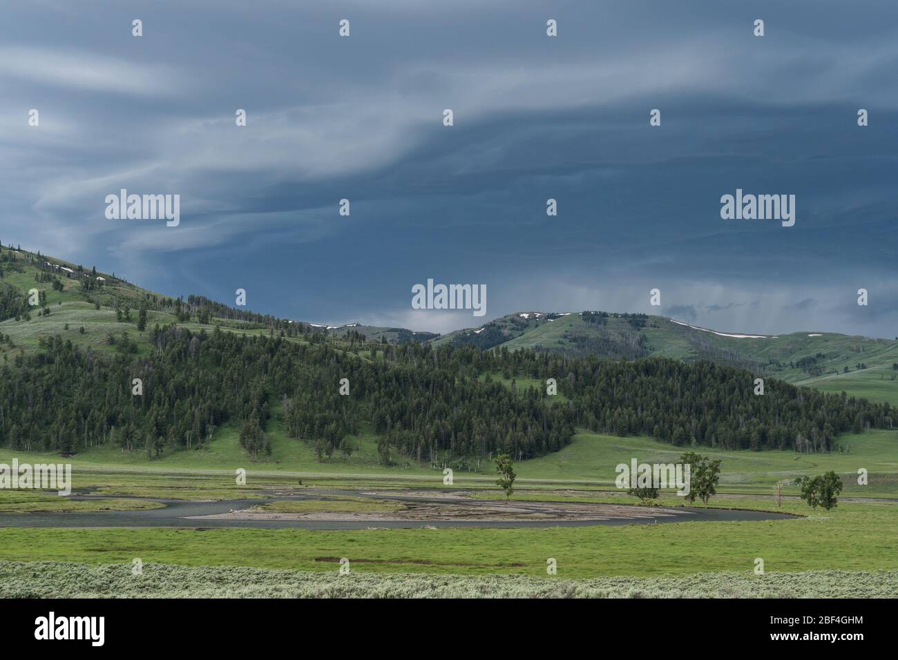 Thunderstorm over Lamar Valley in Yellowstone National Park. Stock Photo