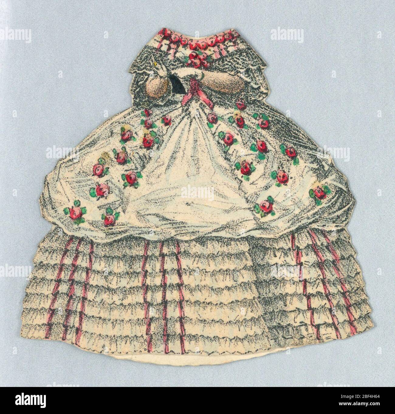 Paper Doll Costume in White with Red Roses. White dress lined with red roses at the neckline and roses on the upper portion of her dress. White lace sleeves, and many small layers of white ruffle also adorn the dress. Both back and front of dress depicted. Stock Photo