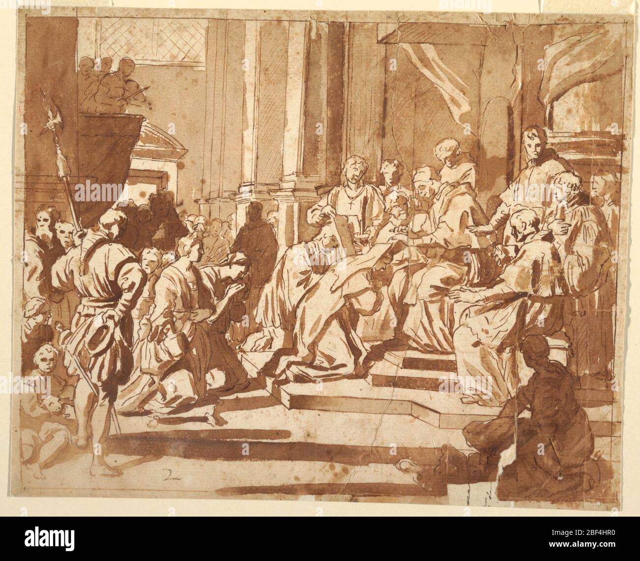 Clement XI Vesting His Niece as Nun. Drawing of Pope Clemente XI, seated at center right, while he raises his hands and vests his niece as a nun. Stock Photo