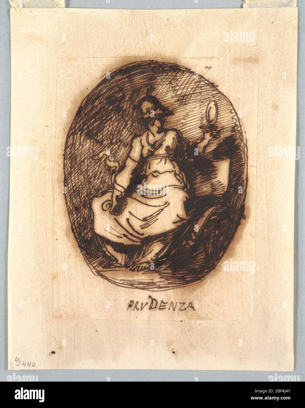 Decorative Project with Prudence in Oval. Prudence, shown from front, seated. Head covered with helmet turned toward left. Looking glass in left hand. Snake winds around her right forearm. Stock Photo