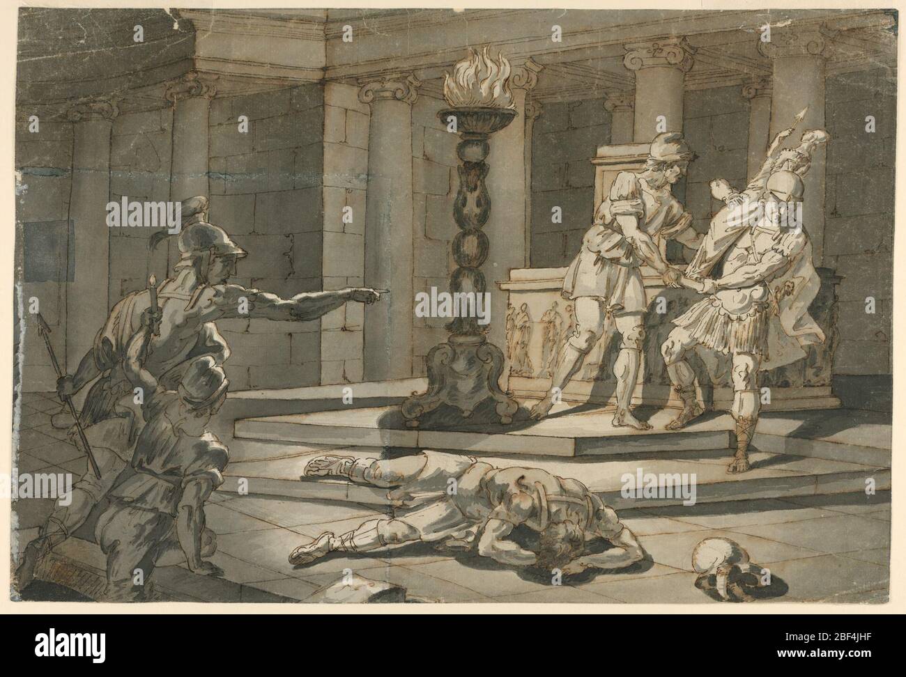 Scene of Roman Soldiers. Interior scene of ancient Roman temple. Three figures in military garb. Stock Photo