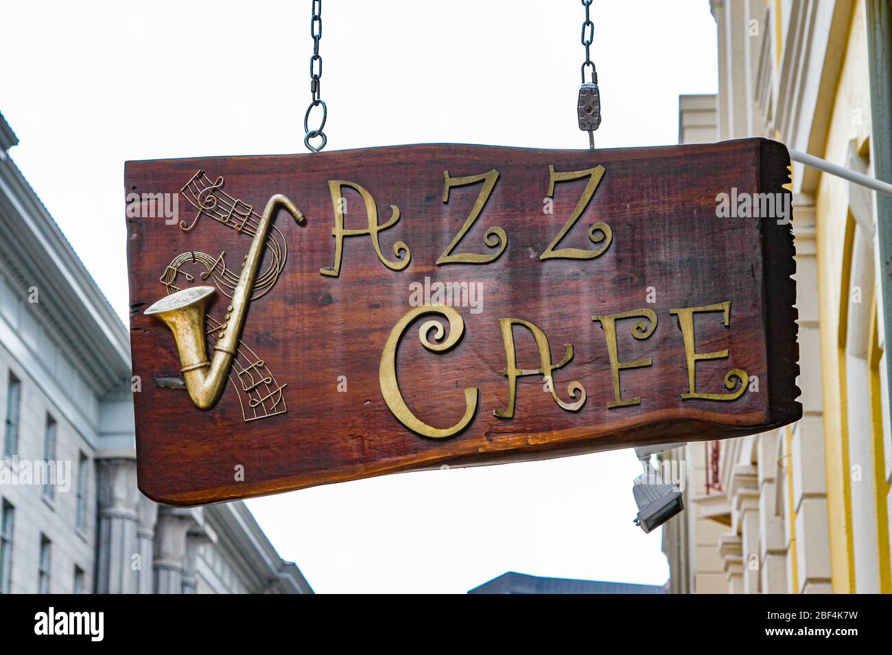 New Orleans, LA - March 27, 2016: A closeup of the sign outside of the Jazz Cafe on Decatur street in New Orleans. Stock Photo