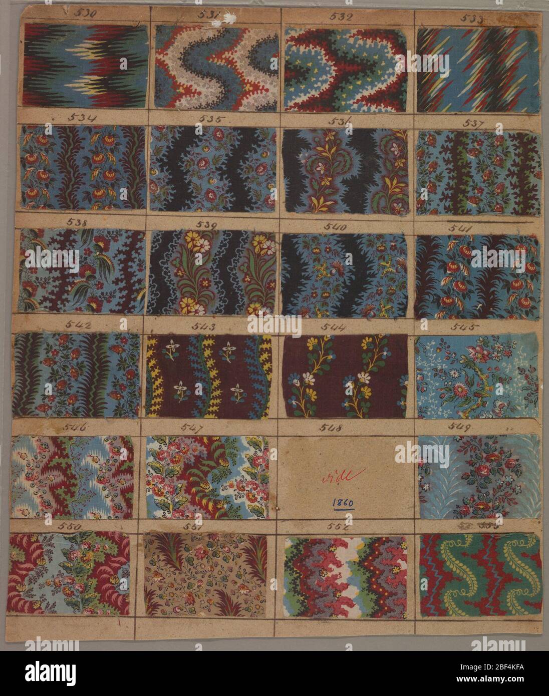 Textile. Forty-six swatches of printed fabric (twenty-three per side of page – one missing on each side) each numbered in pen and ink from 506 through 529. Each swatch measures about 5.5 x 8 cm. (2 1/8' x 3 1/8'). Stock Photo