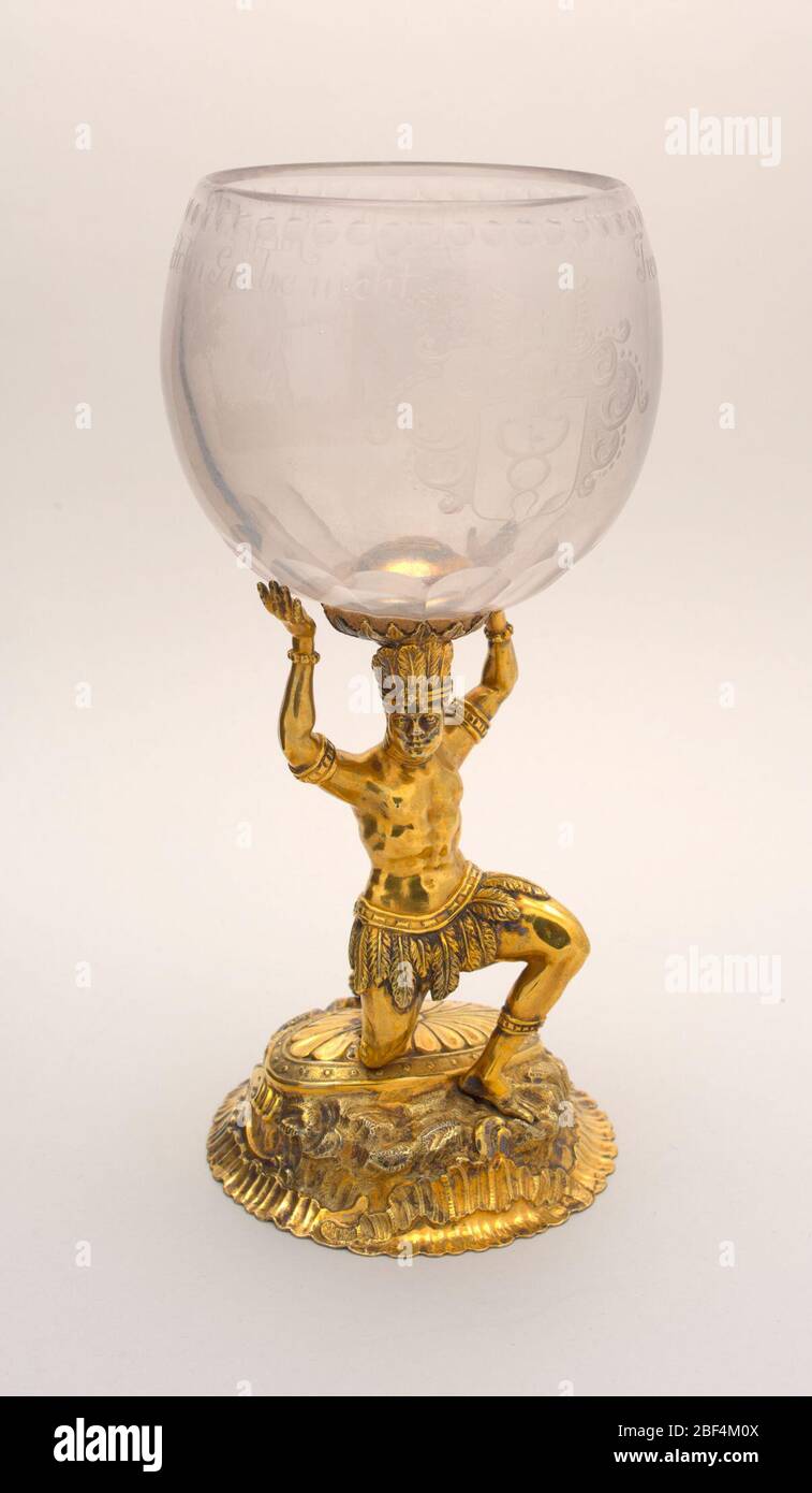 Goblet Silver Gilt American Indian In Feather Skirt And Headdress Holding Up Globular Glass Cup Engraved Goblet Silver Gilt American Indian In Feather Skirt And Headdress Holding Up Globular Glass Cup Engraved