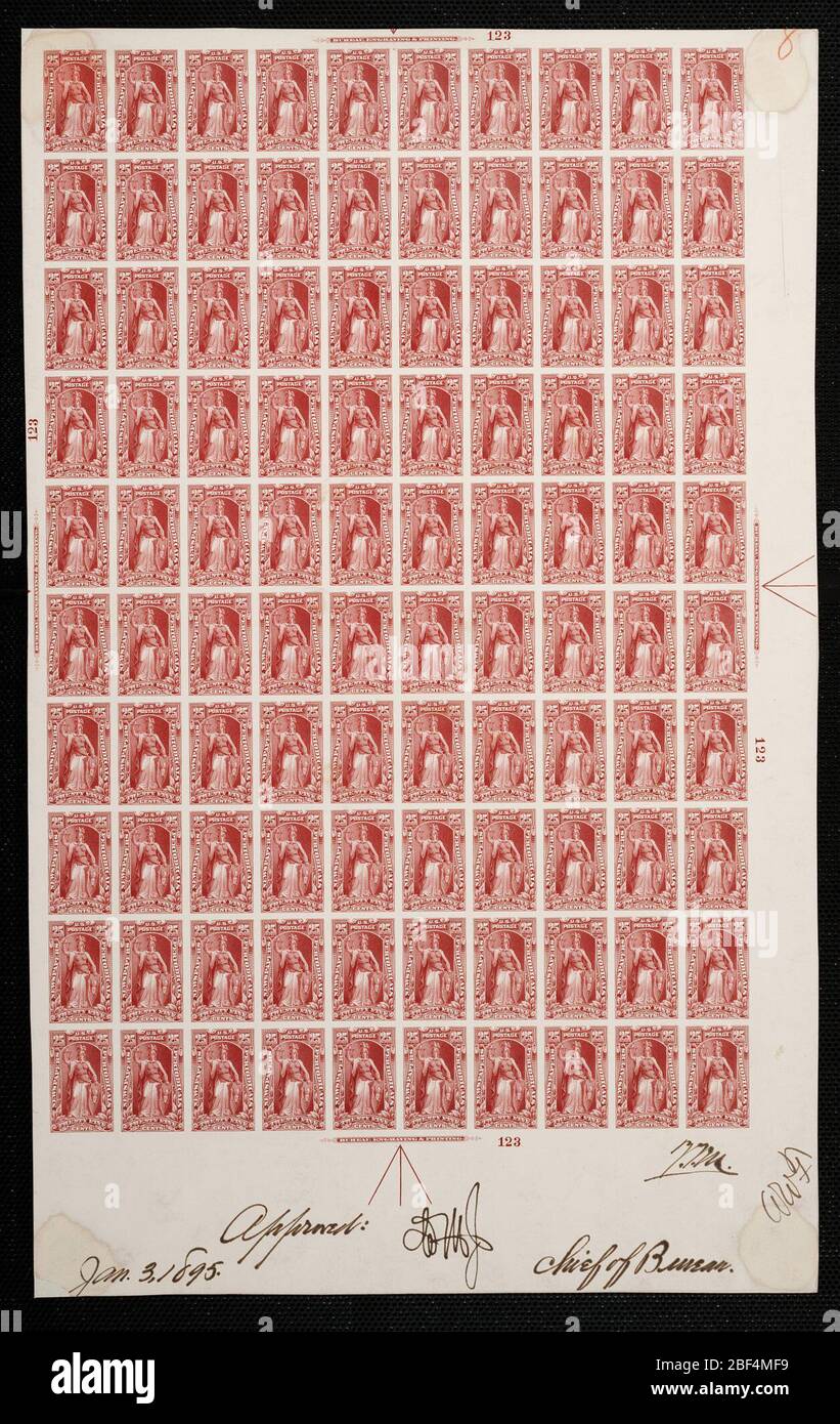 25c Justice plate proof. Certified plate proofs are the last printed proof of the plate before printing the stamps at the Bureau of Engraving and Printing. These plate proofs are each unique, with the approval signatures and date. Stock Photo