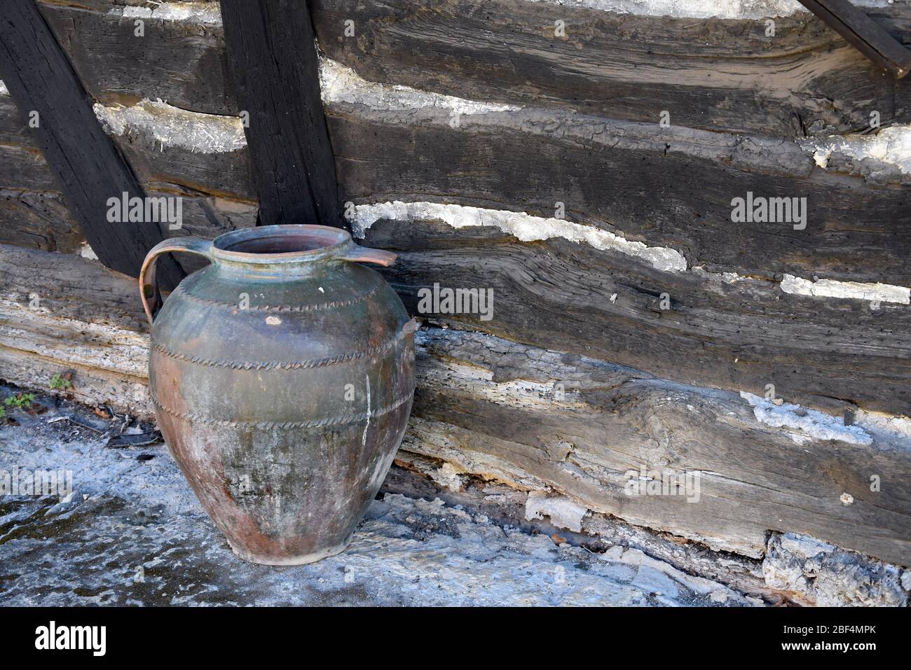 Antique barrels and clay pots used for storing food and drink Stock