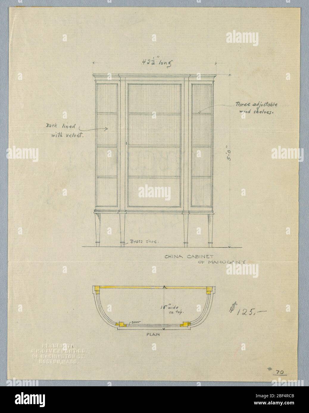 Design for China Cabinet of Mahogany in Elevation and Plan. Elevation: rectangular tri-partite front with glass door and 3 shelves raised on 4 straight tapering legs. Plan: semi-circular cabinet top with flattened central front with details indicated in yellow color pencil. Stock Photo