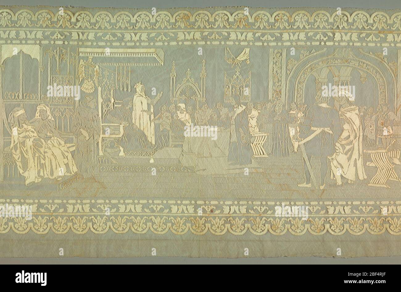 Panel. Design showing Columbus at the Court of Spain and three borders representing architectural mouldings. Stock Photo
