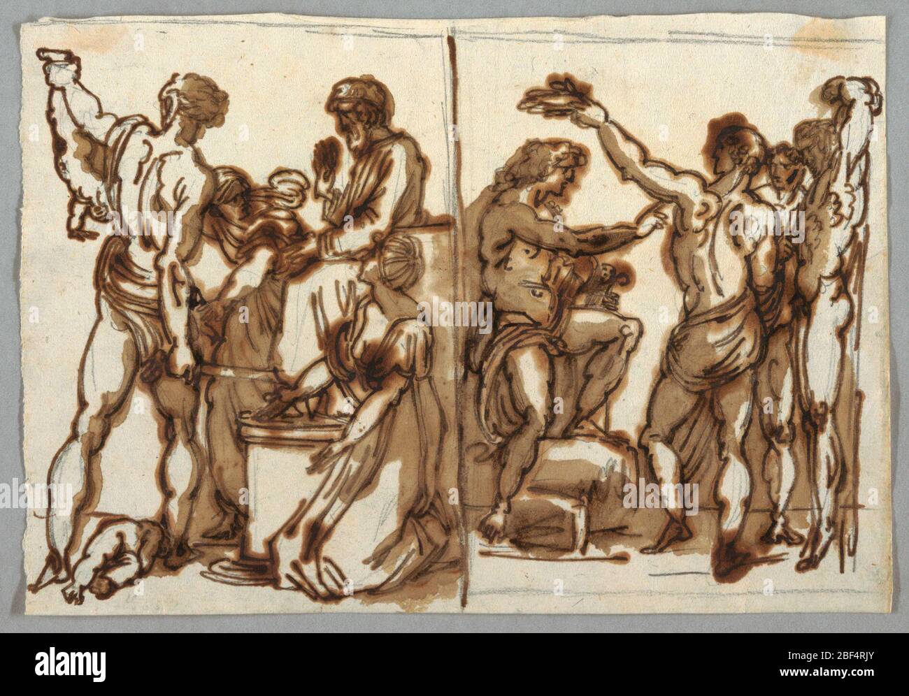 The Judgement of Solomon The Flaying of Marsyas. The judgement has graphite border lines on top and at right. The Marsyas on all sides. Diving ink line between representations. Stock Photo